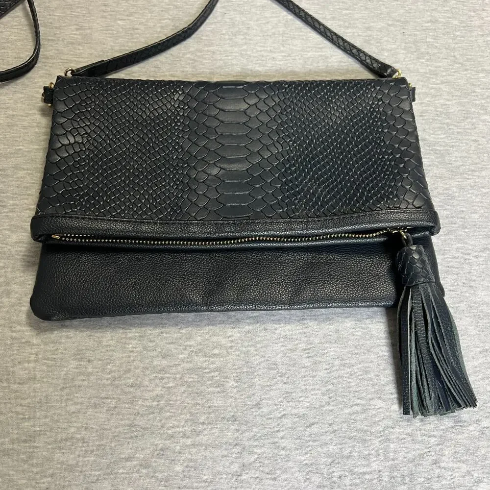 Gigi New York Clutch Crossbody Bag Navy Embossed Python Leather Gold Logo Tassel